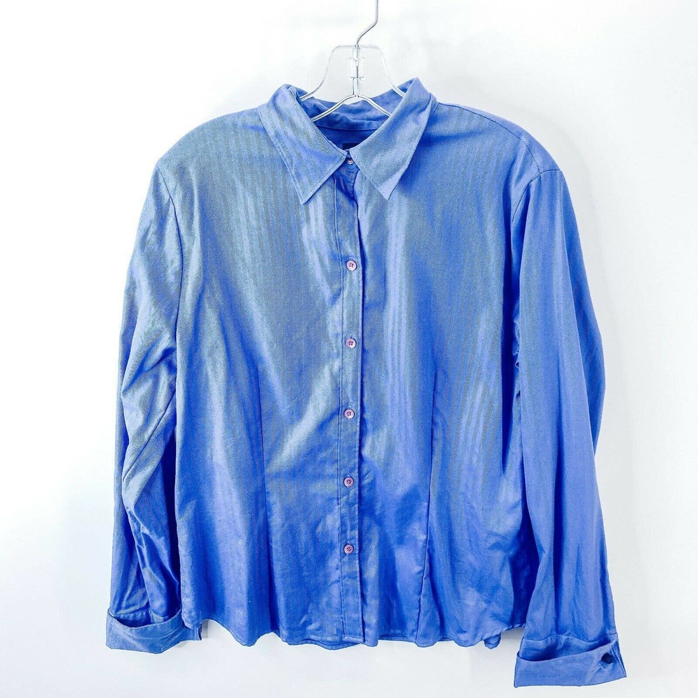 Vintage Ann Taylor Womens Blue Herringbone Button Front Shirt Top Size 16